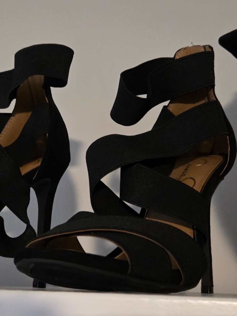 Jessica Simpson Black Crisscross Heels • Open Toe • Zip Back